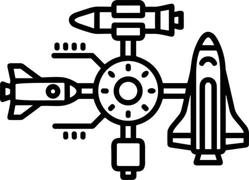 Space Station Docking with Rockets and Shuttle - Vector Icon