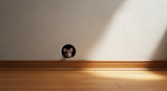 A curious mouse peeps from a hole in a wall, lit by a sunbeam