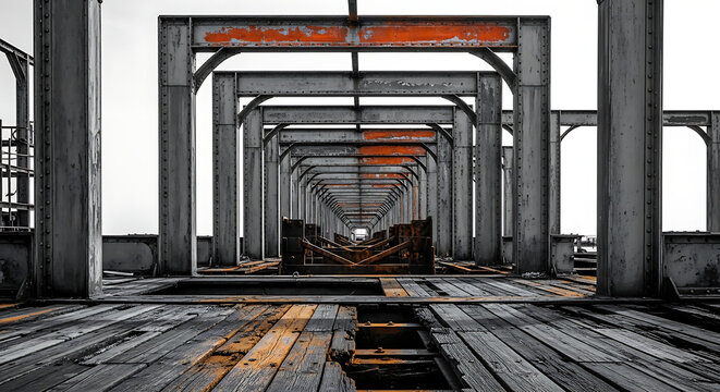 Perspective view of abandoned derelict concrete industrial structure with abandoned derelict industrial structure concrete architecture perspective building dilapidated construction interior