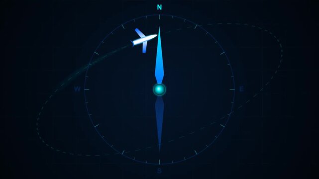 Futuristic Digital Compass and Airplane Motion Design Video for Global Travel Presentation Background and Transportation Hero Header Template