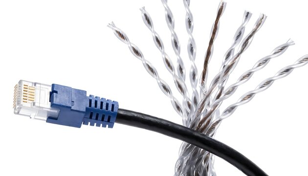 Twisted pair network long fiber cable cut out isolated on white background With shadow PNG. AI GENERATED.
