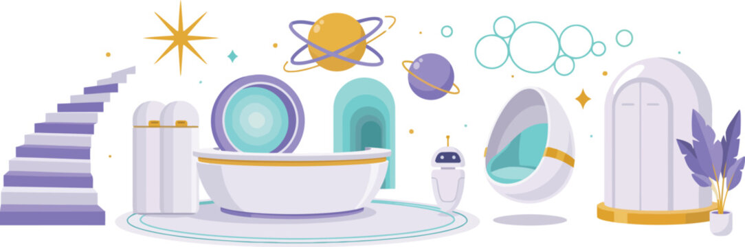 Futuristic space station interior elements with space egg chairs planetary models and high tech architecture components