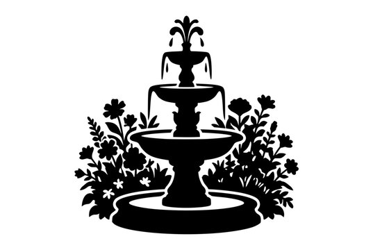 Three-Tiered Garden Fountain Silhouette with Flowers and Foliage