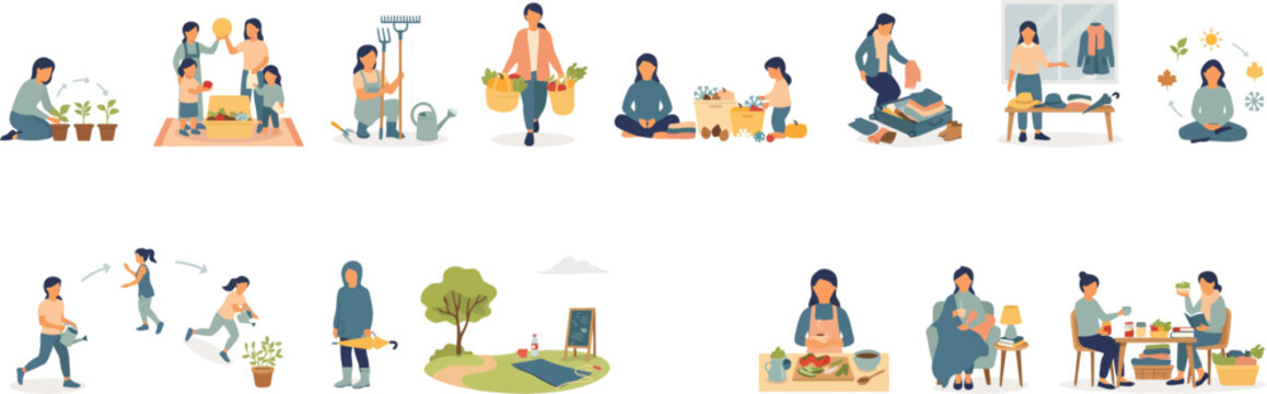 People engaged in various outdoor and indoor activities during different seasons, including gardening, cooking, and relaxing