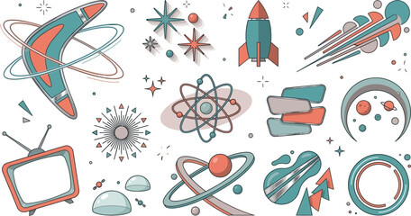 Retro space exploration icons featuring rockets and planetary orbit symbols and vintage futuristic science fiction art © MDMUKTADIR