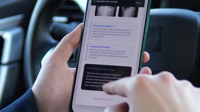 Close-up of a mobile medical portal showing rib fracture findings and clinical conclusions. Professional UI, UX design with high-res imaging. Perfect for healthcare software demos, insurance ads, and