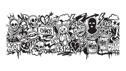 Dynamic Black and White Graffiti Street Art Elements with Skulls, Teddy Bear, and Urban Motifs © MdDulal