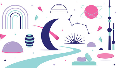 Surreal cosmic landscape with abstract shapes, planets, and celestial elements on transparent © MDMUKTADIR