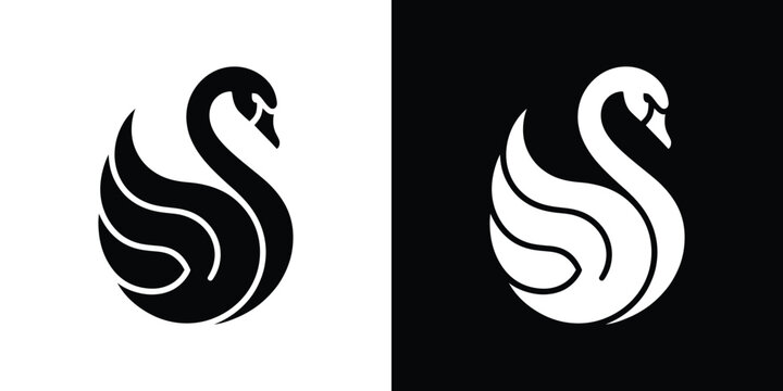 Black and white of stylized swan heads facing each other black background, white swan heads