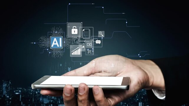 Hand Holding Smartphone with Floating AI Icons Representing Technology, Innovation, Data Security, and Future Trends in Digital Communication and Networking Gluon.