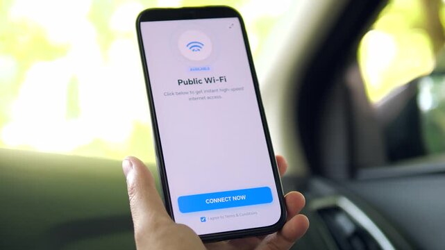 a user preparing to connect to public Wi-Fi via mobile. The interface highlights high-speed internet access and a terms and conditions checkbox. Ideal for illustrating hotspot access, digital