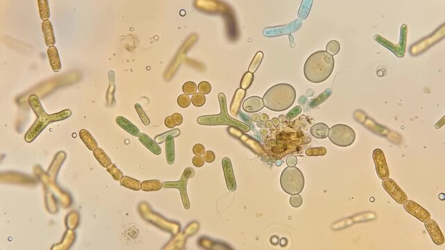 Microscope science research background of diverse microorganism bacteria algae fungus cell cluster microscope showing microbe form detail biology