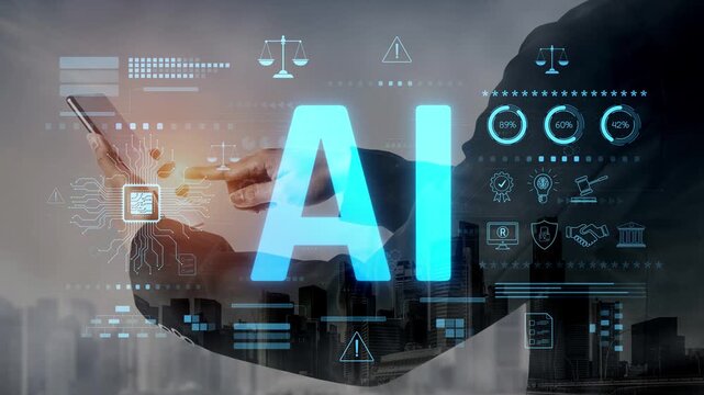 AI circuit microchip with glowing blue lines, surrounded by legal scales, warning symbols, data sheets, and binary codes, representing ethical AI, AI governance, and data integrity Marrow