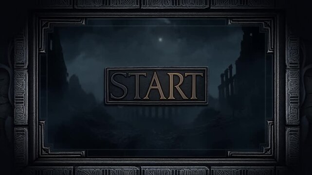 Static shot of ornate start plaque light reveal with golden glow and flare across ancient stone ruins backdrop in dark moody landscape