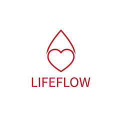 Fototapeta premium A heart inside a blood drop, red color scheme, and the text LIFEFLOW