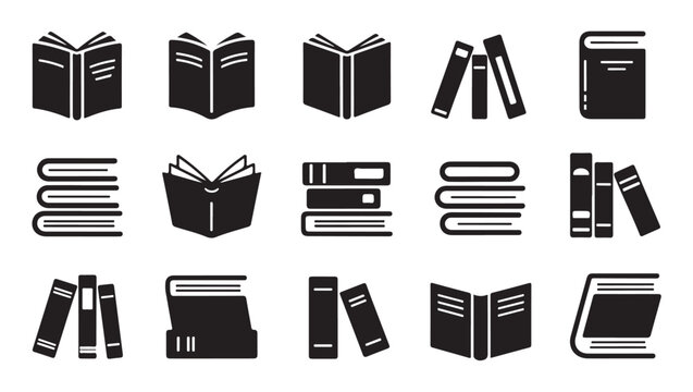 Set of book icons including open books stacked volumes and library literature silhouettes.