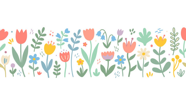A naive spring flower border features an abstract floral banner with primitive whimsical plants, creating a modern contemporary botanical card presented as a flat vector illustration on a white