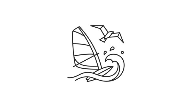 Minimalist line art of windsurf sail and seagull.