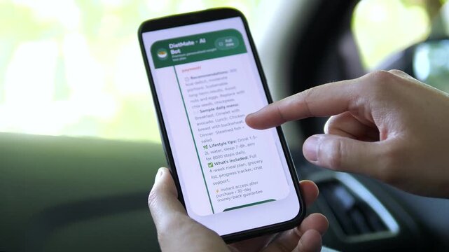Scrolling through a detailed diet plan with a focus on long-term results. The interface includes a sample menu of omelets, chicken, and steamed fish. Ideal for illustrating wellness, meal planning