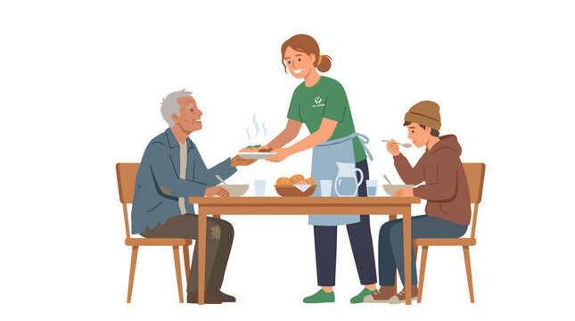 A volunteer assists a poor person by giving food and sharing a meal with the homeless. The woman supports hungry, starving people by feeding them at the table. The illustration is a flat vector image