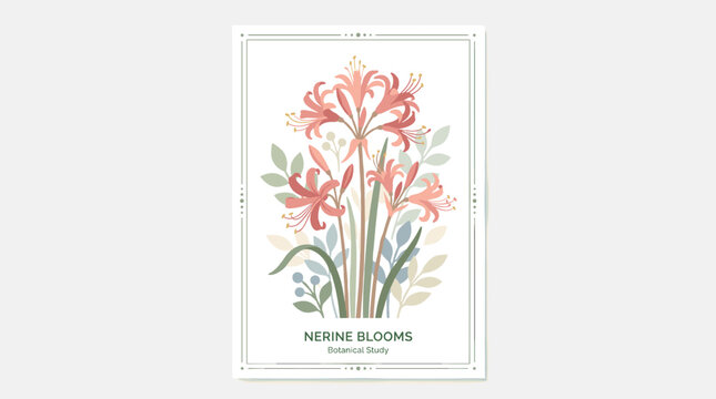A floral card featuring a blooming nerine, a simple fragile flower, and a botanical backdrop, with delicate leaves, gentle blossoms, a tender spider lily, and a garden nature poster design rendered