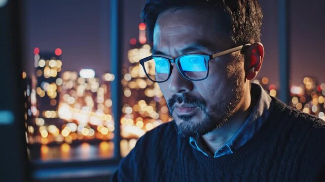 Focused Asian software engineer with glasses working on computer code late at night in a modern office with city skyline views