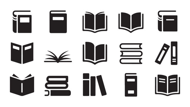 Academic book icons and library shelf arrangements in solid black vector style collection.