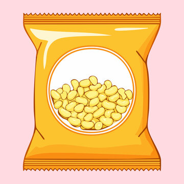 Yellow crisp chip snack bag packaging featuring a large white circular field filled with crunchy round corn puff snacks for munchies - Vector Illustration