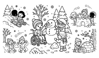 Fototapeta premium Winter Activities Coloring Page with Children Playing in Snow Scene