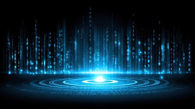 Digital information streams ascend from a glowing circular platform against a dark background