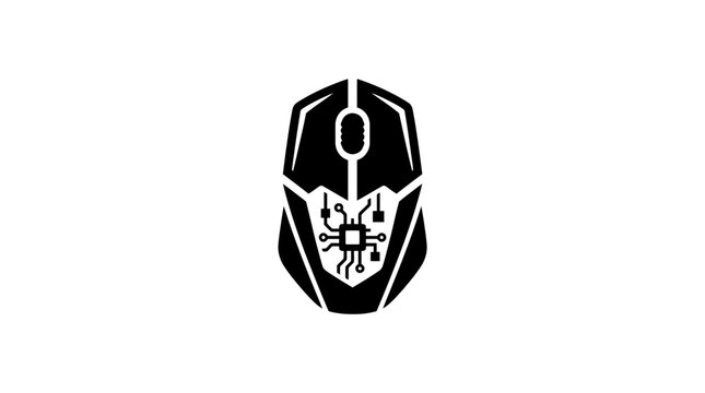 Minimalist black and white graphic of a gaming mouse with skull face design