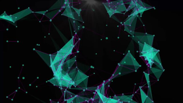 Plexus of abstract violet geometrical lines with moving triangles and dots ?n a black background animations.
