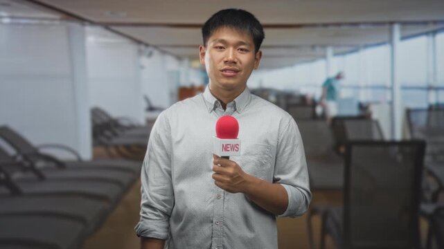 Young chinese man holding a red microphone with hand visible, speaking while standing in an airport terminal; calm informative reporting.