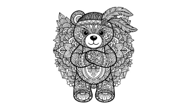 Decorative Teddy Bear Mandala Illustration with Intricate Floral Zentangle Pattern Design