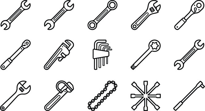 Tool set silhouette icons wrenches screwdrivers chains isolated on transparent background