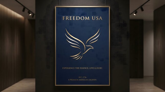 Luxury american brand poster with gold eagle logo and tagline