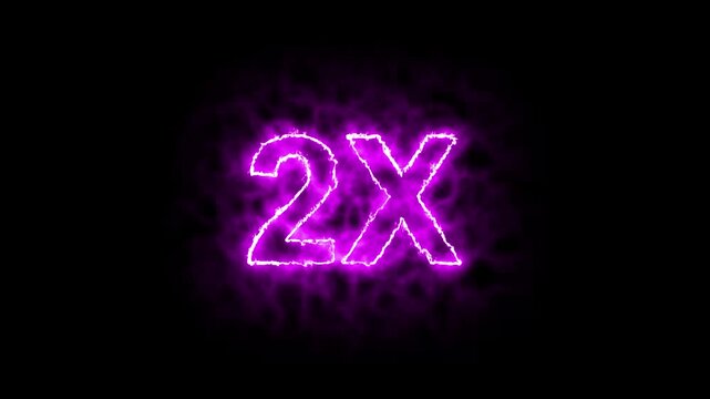 2x fire text animation with burning flame effect on black background. burning 2x symbol with realistic fire sparks and glow loop.
