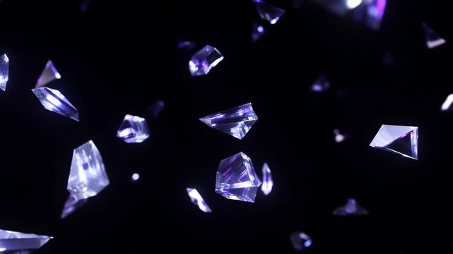 Slow motion tracking shot of floating crystal shards tumbling and spinning against black studio backdrop with purple glowing reflective prisms