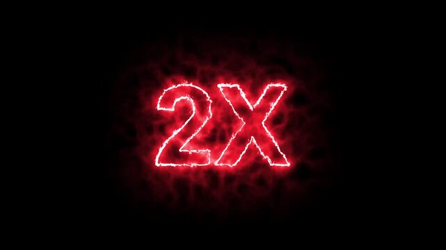 2x fire text animation with burning flame effect on black background. burning 2x symbol with realistic fire sparks and glow loop.