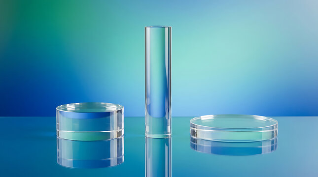 Clear geometric cylinders and discs on reflective surface