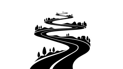 Naklejka premium Winding Road Silhouette Landscape with Trees and Houses