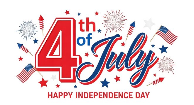 4th of july celebration with fireworks and american flags on white background