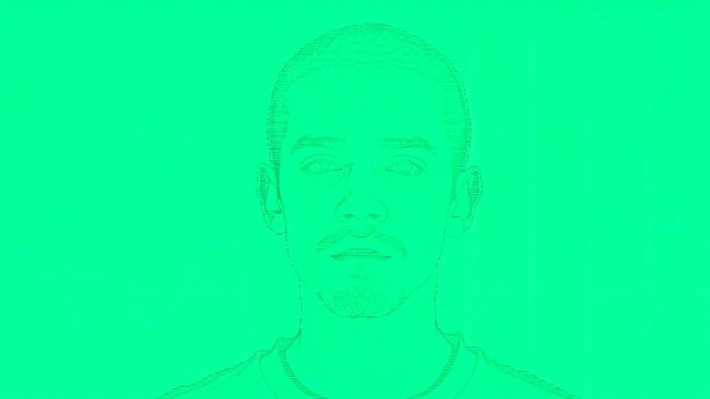 Static shot of silhouetted person with subtle mouth movement against seamless green studio backdrop in triptych panel