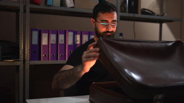 Focused man working at a desk in a dim office