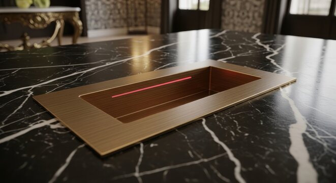 Recessed card reader with subtle red indicator light integrated into a marble countertop for modern security access
