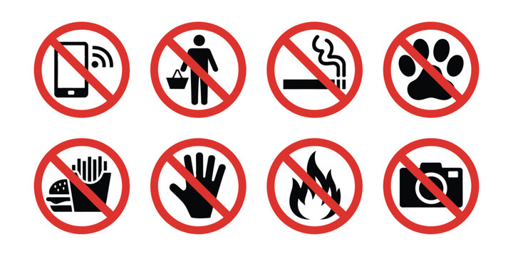 Prohibited icons set forbidden signs no cell phone smoking pets food drinks fire photography restriction safety signage symbol collection
