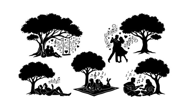 Romantic music moments under tree vector collection black and white illustration