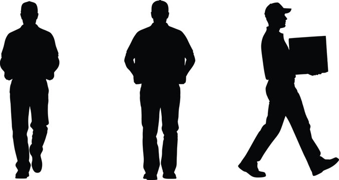 Black silhouettes of delivery men carrying cardboard boxes for shipping and logistics