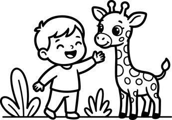 Obraz premium Happy boy and cute giraffe, outline drawing, children's book illustration, safari friends