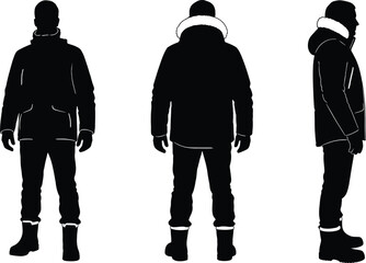 Silhouette of a man wearing a winter parka jacket with hood in three different views © Milon Store